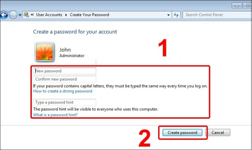 Tiến hành cài đặt mật khẩu cho máy tính Win 7