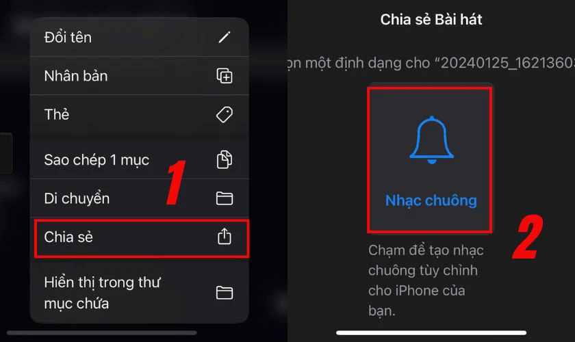 Giữ file vừa lưu, chọn Chia sẻ rồi chọn Nhạc chuông