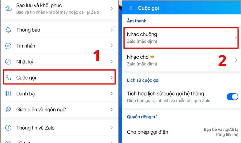 Chọn Cuộc gọi, nhấn vào Nhạc chuông