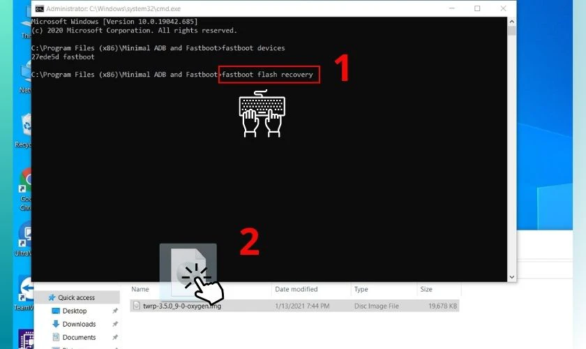 Gõ lệnh fastboot flash recovery vào cửa sổ CMD