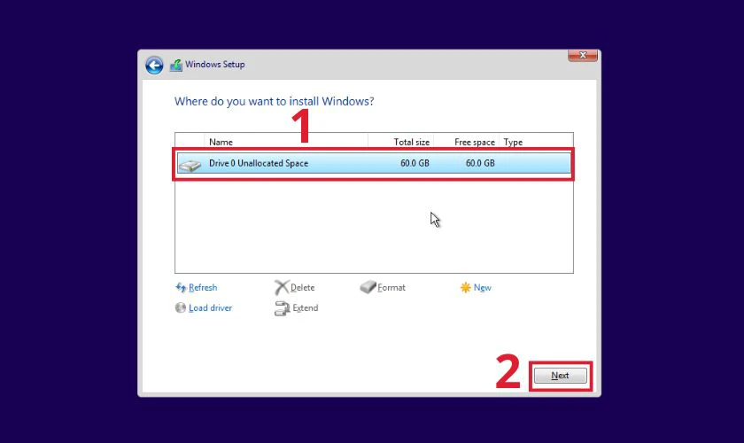Chọn ổ đĩa mà bạn muốn cài đặt Windows 10