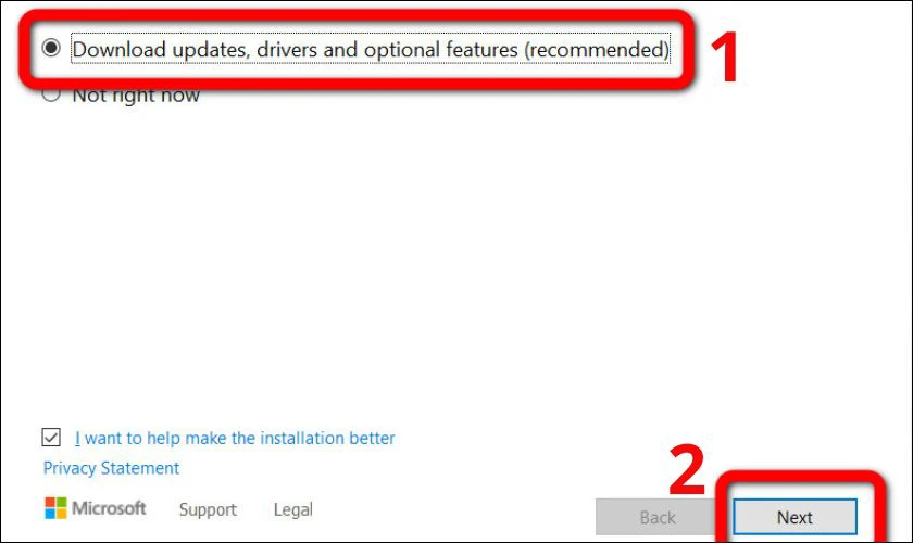 Chọn Download updates, drivers, and optional features