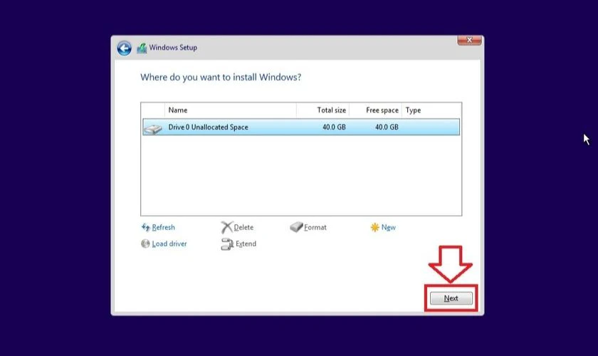 Chọn phân vùng muốn cài Windows và nhấn Next để tiếp tục