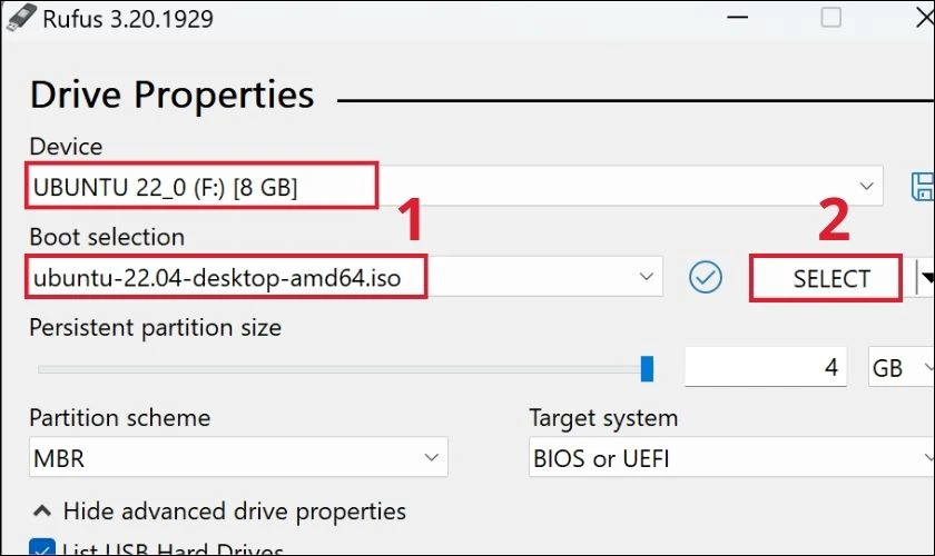 Cắm USB vào máy và mở Rufus