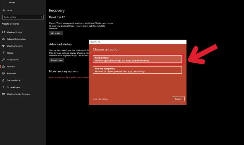 Trong mục Reset this PC, nhấn Get Started và chọn Keep my files