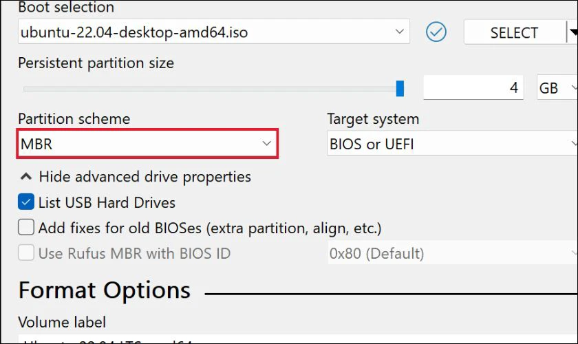 Trong mục Partition scheme thì chọn MBR hoặc GPT