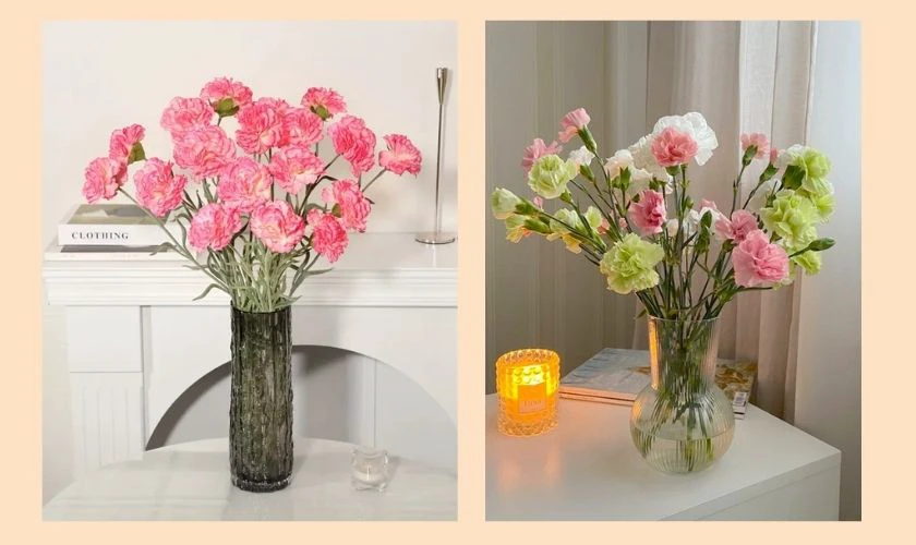 Bình hoa cẩm chướng hồng xinh xắn