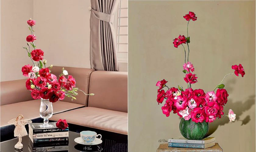 Tiếp tục cắm các cành hoa phụ ngắn hơn nghiên xung quanh các cành hoa chính