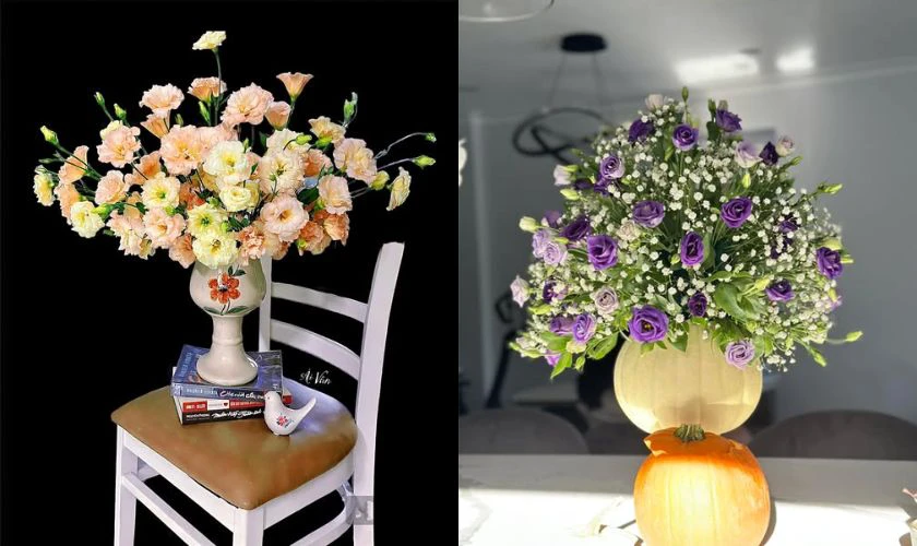 Thêm các lá trang trí ở phần dưới cùng để che miệng bình và làm bình hoa đầy đặn