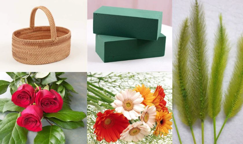 Chuẩn bị cắm hoa đồng tiền ngày Tết hình vòm trong giỏ mây