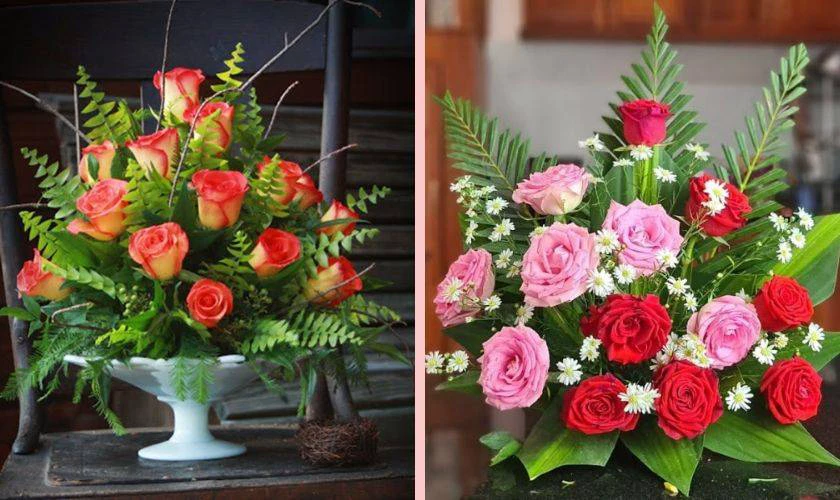 Cắm hoa kết hợp dương xỉ đẹp chưng Xuân