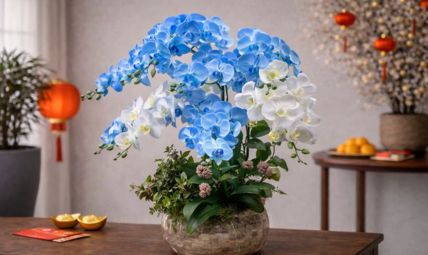 Mẫu cắm hoa lan tone xanh