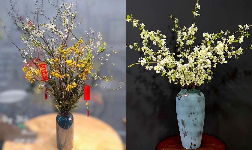 Mẫu cắm hoa tuyết mai Tết 2026 Bính Ngọ đẹp