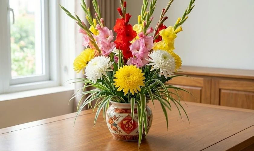 Cách cắm hoa ngày Tết với cúc đại đóa, mix lay ơn, lan chi