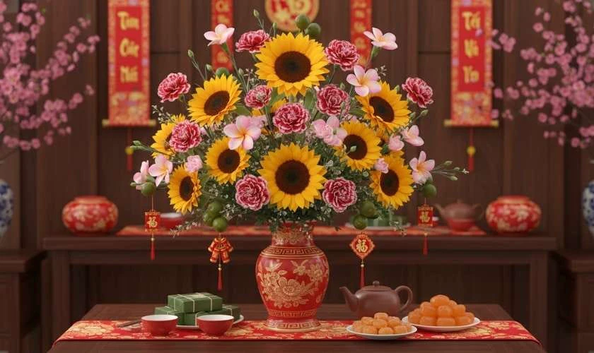 Cách cắm hoa phăng ngày Tết mix hướng dương rực rỡ 