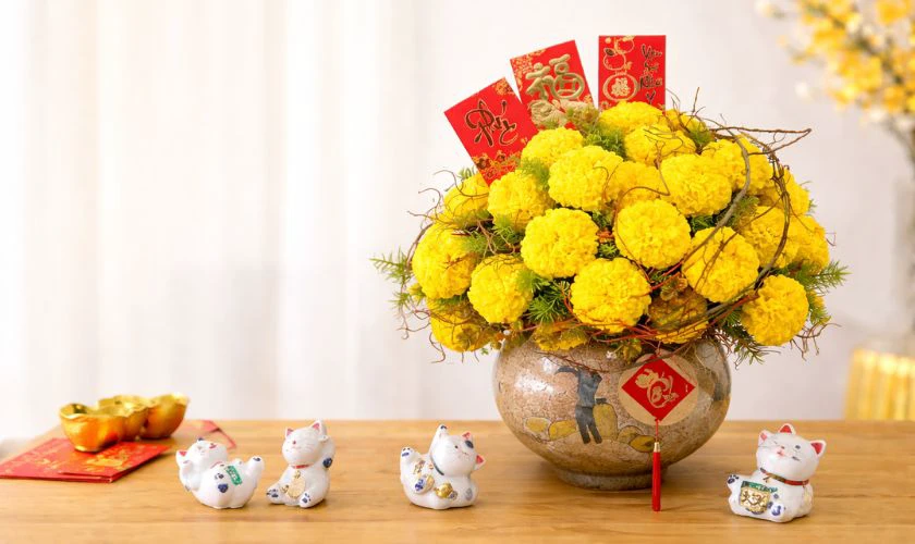 Cách cắm hoa vạn thọ ngày Tết dáng thấp tròn đầy