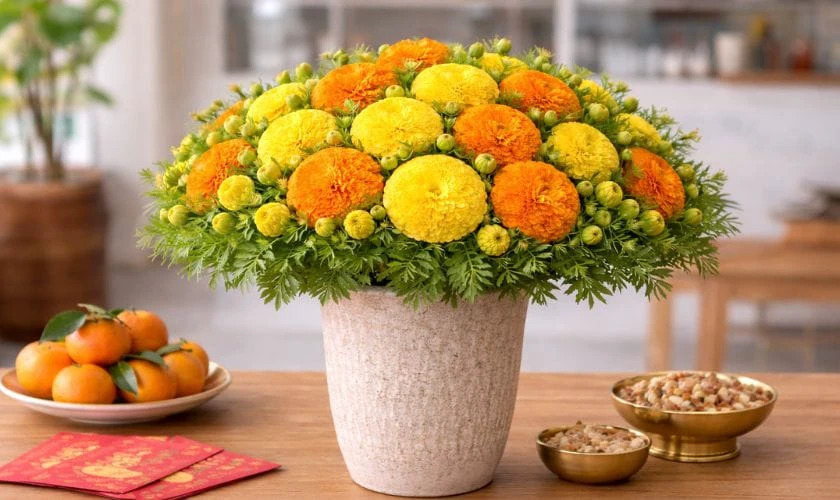 Cách cắm hoa vạn thọ kết hợp nụ và hoa nở