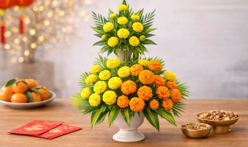 Cách cắm hoa vạn thọ ngày Tết dáng tháp hai tầng