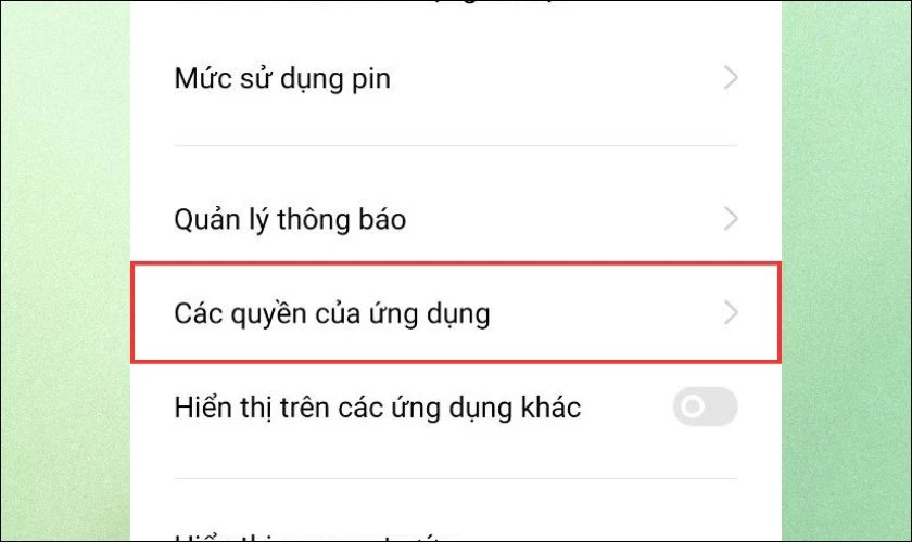 Chọn "Quyền" hoặc "Các quyền của ứng dụng"