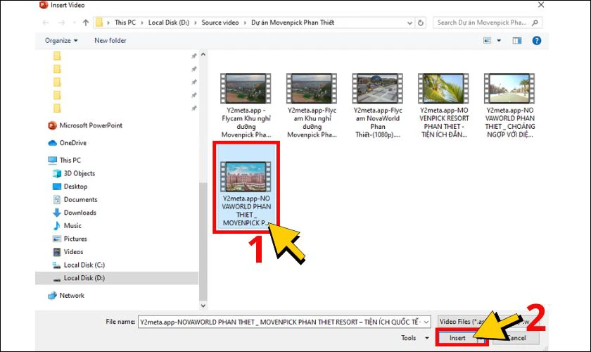 Chọn video bạn muốn chèn vào slide rồi nhấn Insert