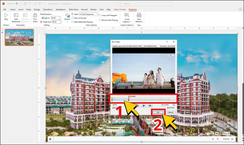 Nhấn Play để xem trước video và nhấn OK để xác nhận cắt hoàn tất