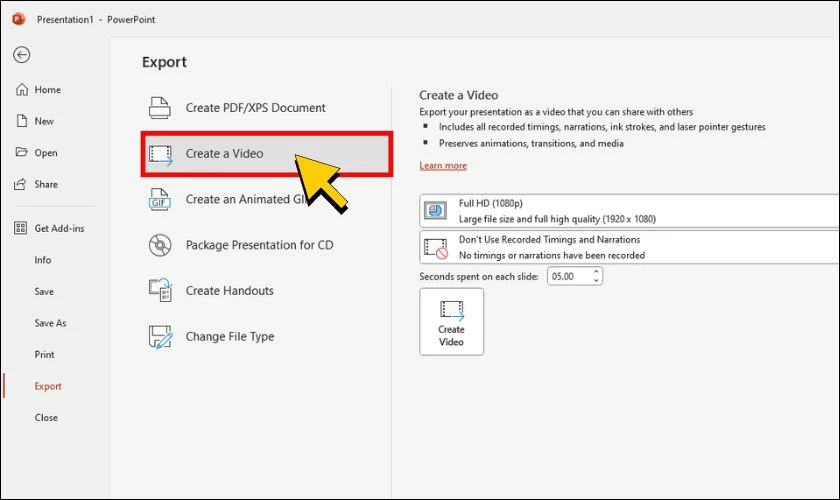 Nhấn tiếp vào mục Create a Video để chuyển file PowerPoint thành video