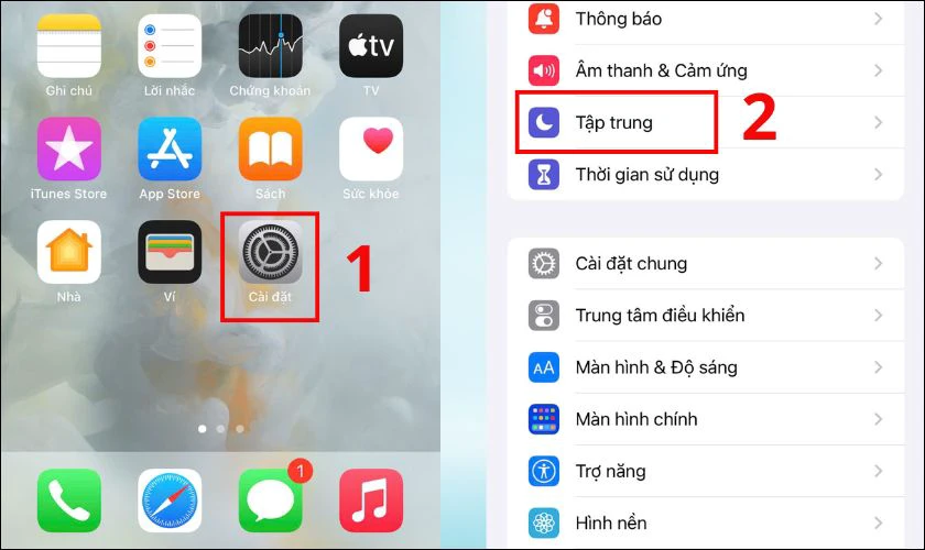 Kéo xuống và tìm chọn mục Tập trung