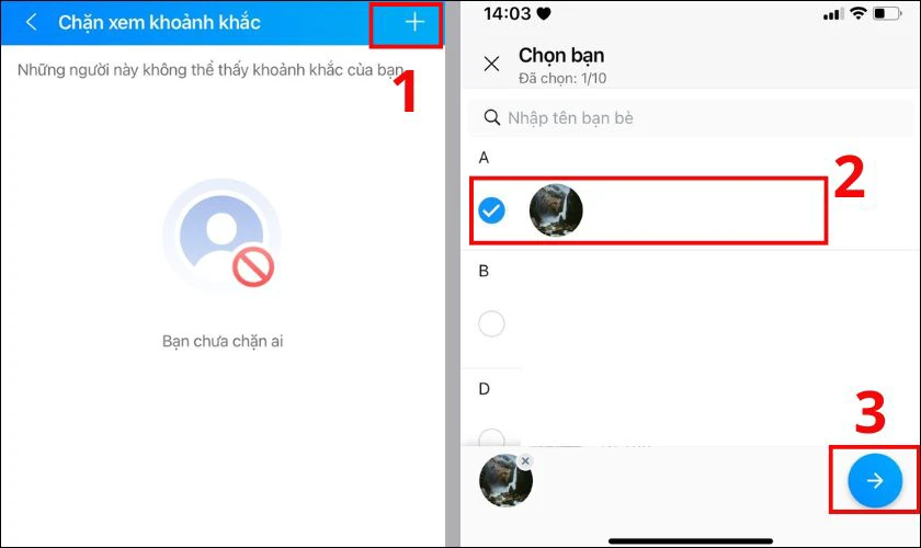 Tích chọn tên người cần chặn xem khoảnh khắc và bấm vào biểu tượng dấu mũi tên