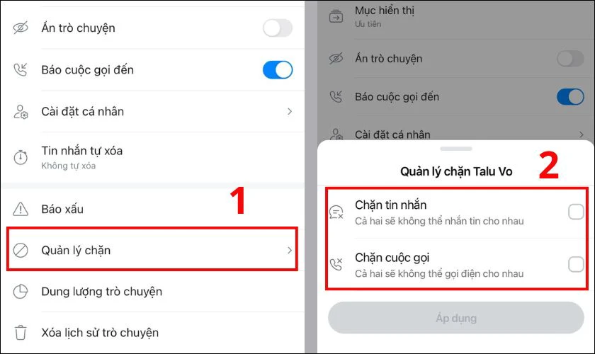 Tích chọn vào Chặn tin nhắn và Chặn cuộc gọi và cuối cùng bấm Áp dụng