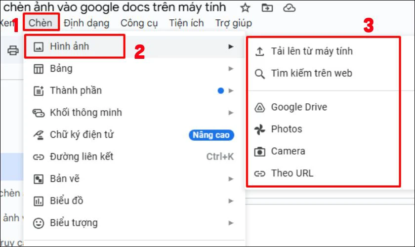 Chọn “Hình ảnh”, sau đó chọn nguồn ảnh cần chèn
