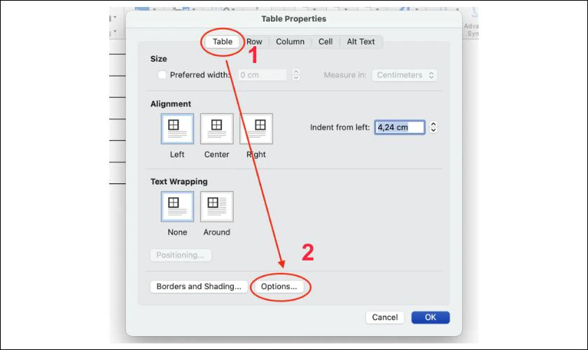 Khi bảng tùy chỉnh xuất hiện, chọn tab Table, sau đó nhấp vào Options
