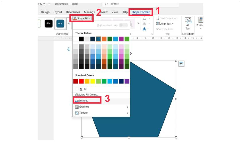 Nhấp chuột phải vào hình, chọn Shape Format, sau đó vào Shape Fill