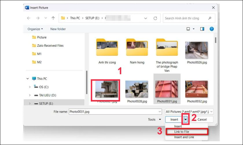 Trong menu thả xuống, chọn Link to File