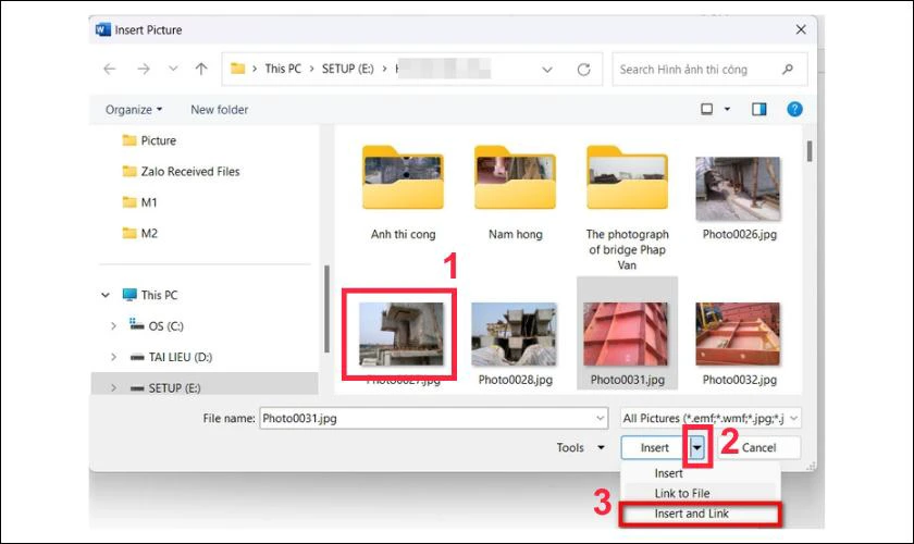 Sau đó, chọn Insert and Link để chèn ảnh vào Word