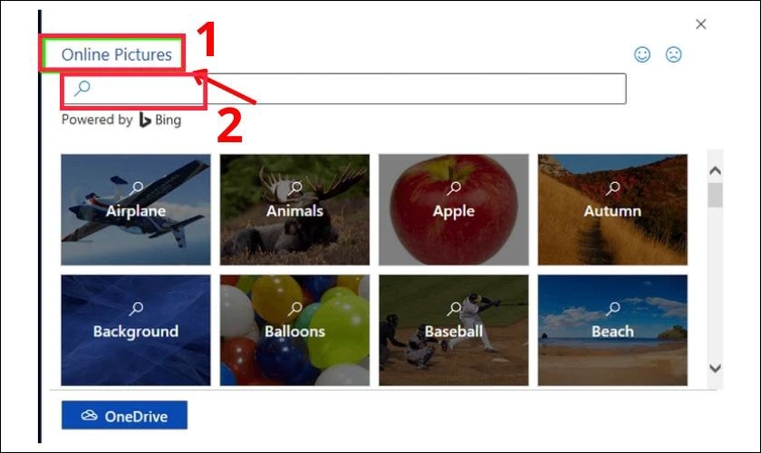 Khi cửa sổ Online Pictures xuất hiện, nhập từ khóa liên quan