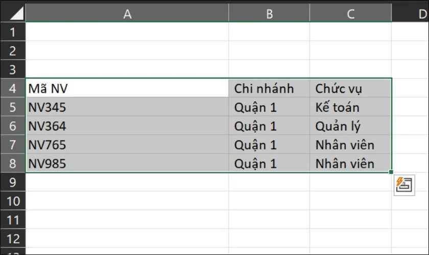 Kết quả vùng dữ liệu sau khi được chia cột trong Excel
