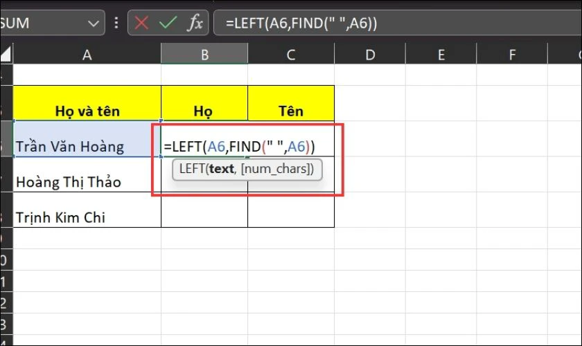 Nhập hàm LEFT nhằm phân tách cột nhập Excel 