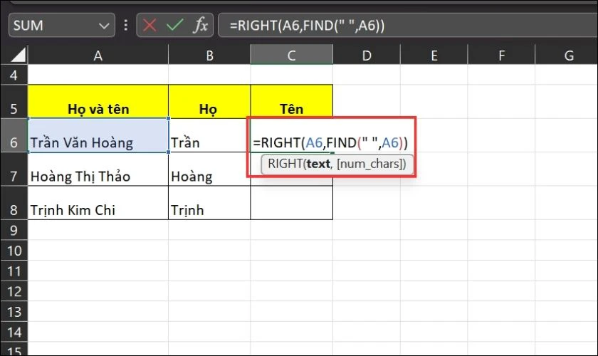 Cách dùng Hàm Right nhằm phân tách song cột nhập Excel 