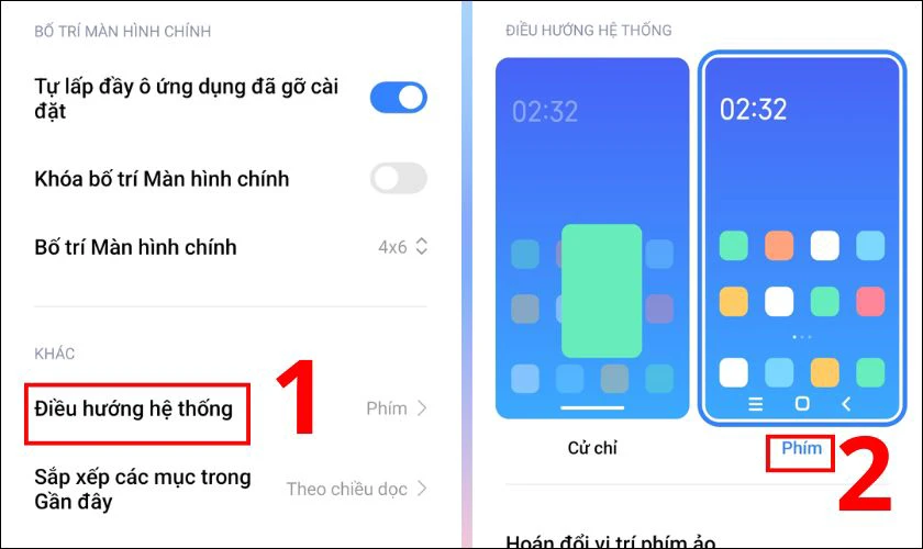 Chọn Điều hướng hệ thống, chọn mục Phím