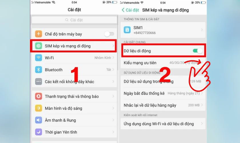 Cách chia sẻ 4G trên OPPO - Bật dữ liệu di động