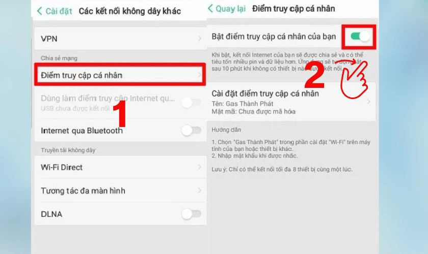 Bật Điểm truy cập cá nhân bằng cách gạt thanh trượt sang phải
