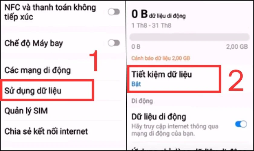 Vào Kết nối trong Cài đặt và chọn mục Sử dụng dữ liệu