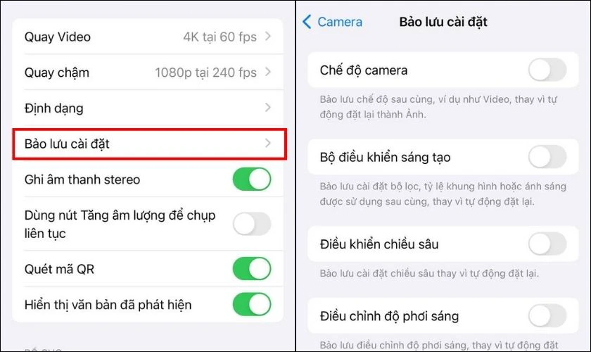 Chọn Bảo lưu cài đặt để điều chỉnh cách camera lưu các cài đặt của bạn sau mỗi lần sử dụng