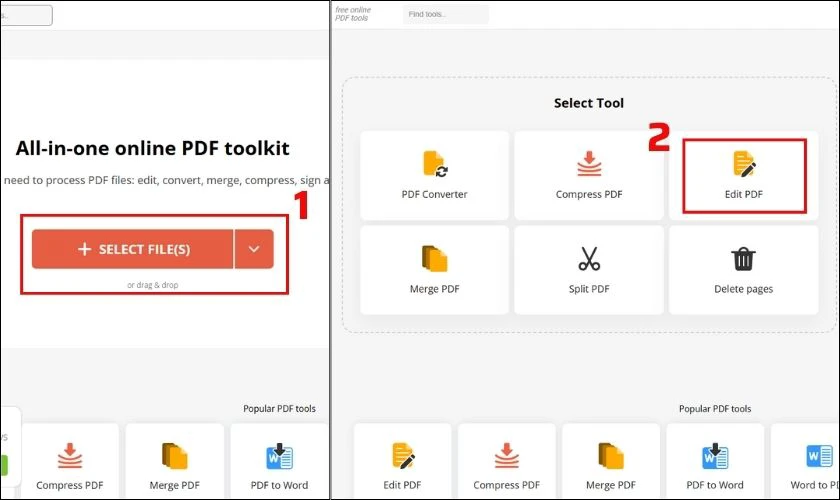 Tại giao diện chính, chọn Select Files và chọn Edit PDF