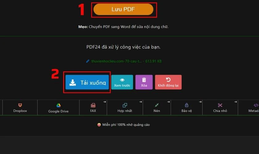 Hoàn tất chỉnh sửa, nhấn Lưu PDF và chọn Tải xuống