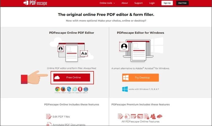 Tại giao diện chính, nhấn vào Free Online