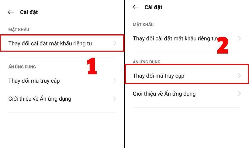 Nhấn vào Thay đổi cài đặt mật khẩu riêng tư để thiết lập mật khẩu truy cập ứng dụng