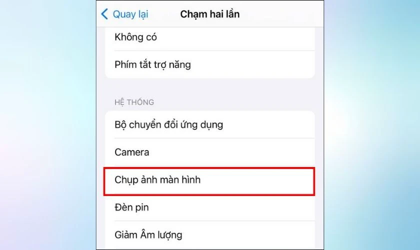 Chọn Chụp ảnh màn hình từ danh sách các hành động có thể thiết lập