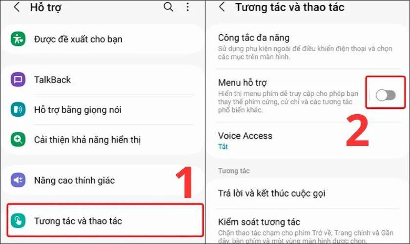 Trong giao diện Hỗ trợ, chọn Tương tác và thao tác