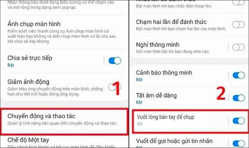 Bật tùy chọn Vuốt lòng bàn tay để chụp